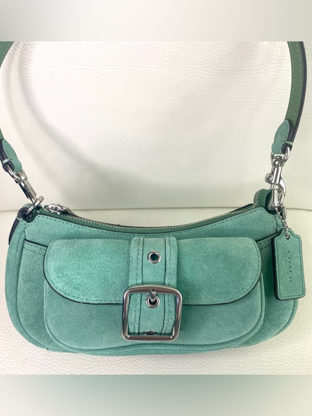 Coach Suede Buckle Mini Bag Green Shoulder + Crossbody Silver Hardware NWT